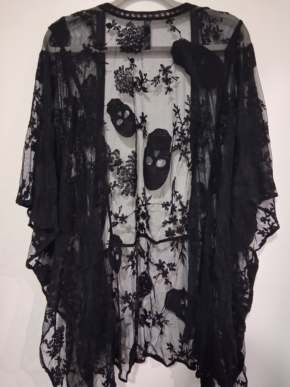 torrid Black Sheer Lace Kimono with Embroidered Floral & Skull Accents